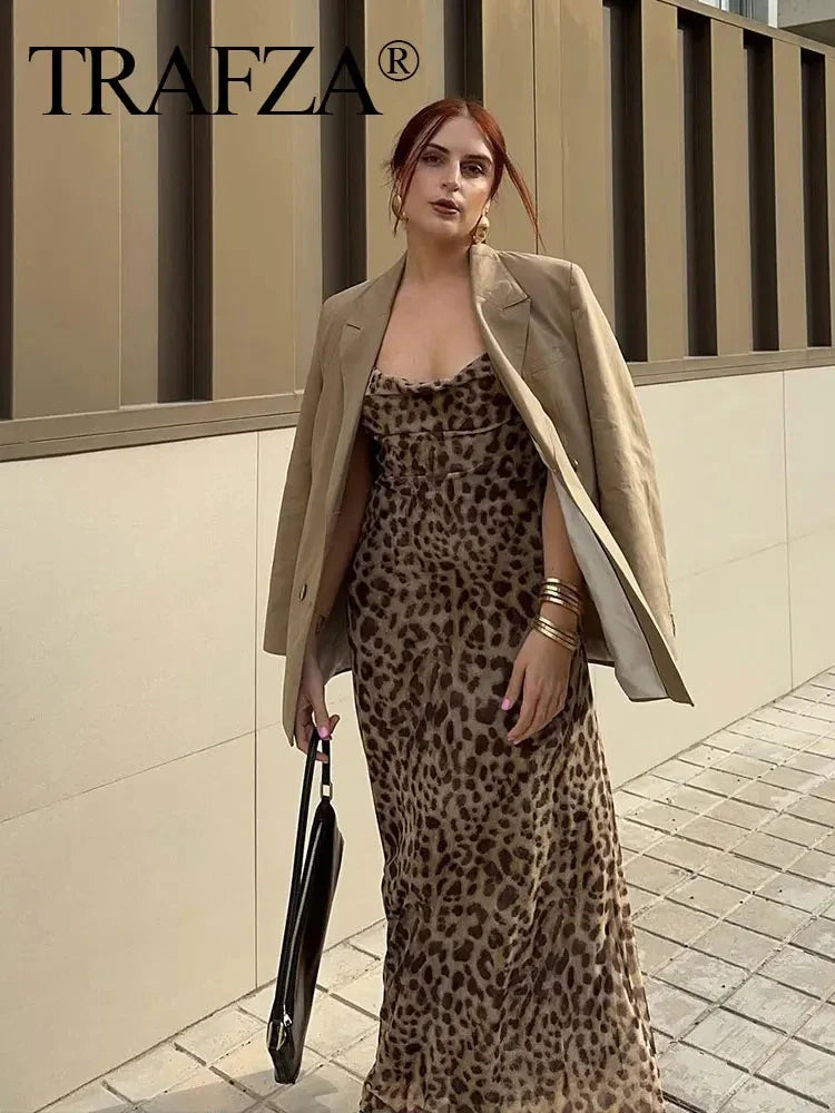 Leopard Print Maxi Dress Tulle Backless Slip for Women