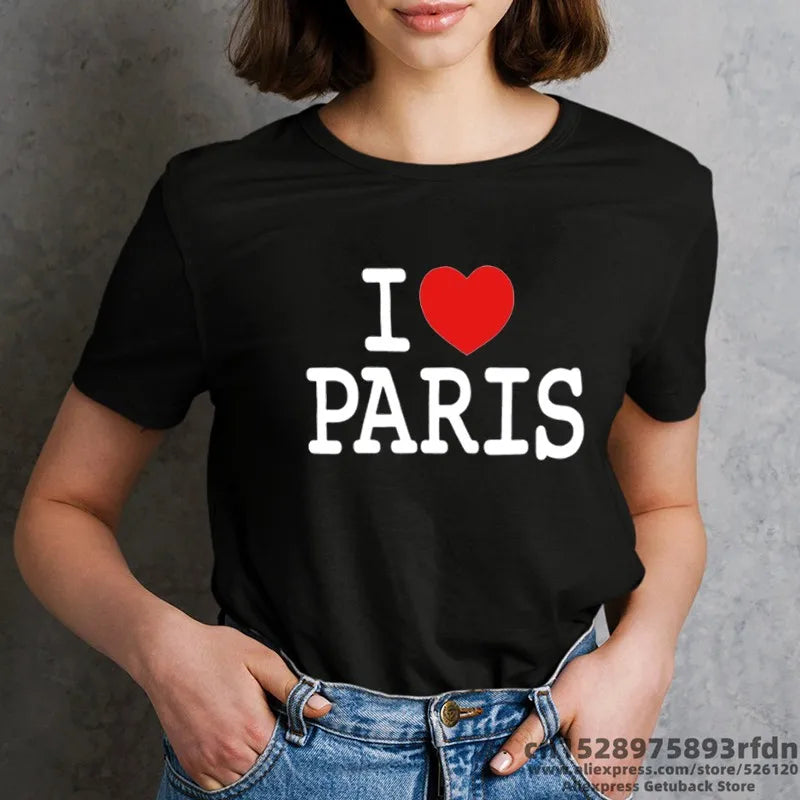 I Love Paris Funny Print T-Shirt for Women in Black White and Pink Colors Summer Short Sleeve Tee Y2K Harajuku Style