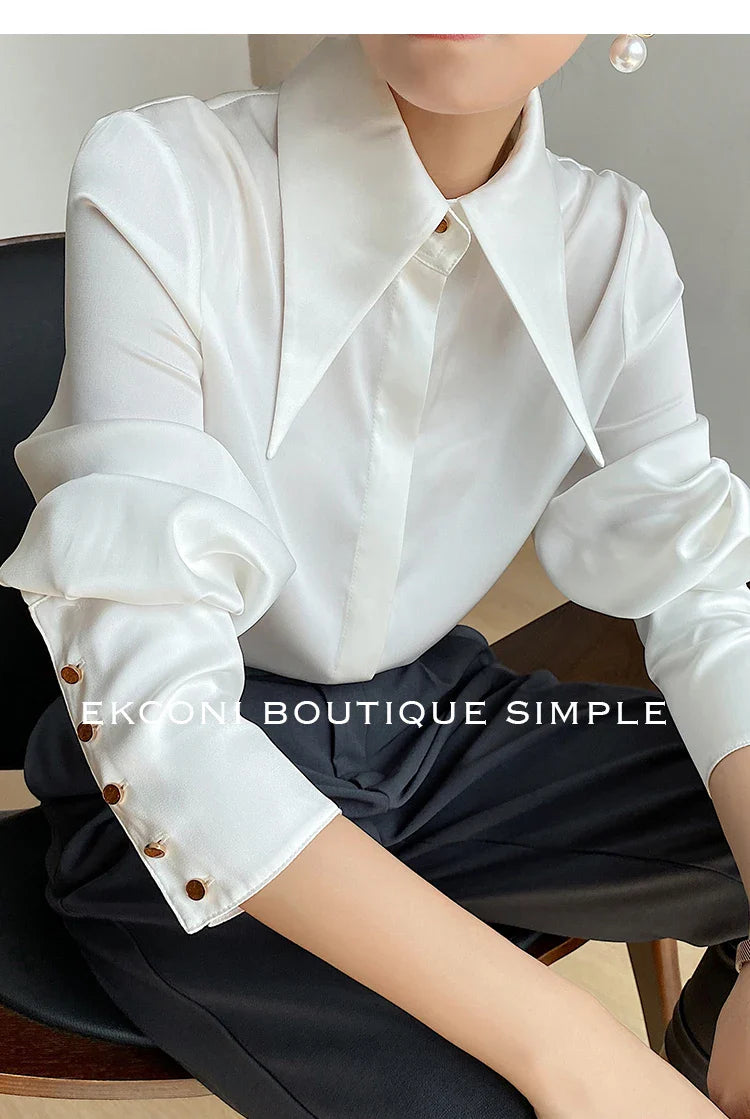 Elegant Turn Down Collar Satin Silk Blouse Vintage Button Closure White Lantern Sleeve Office Lady Shirt Chic Feminine Top
