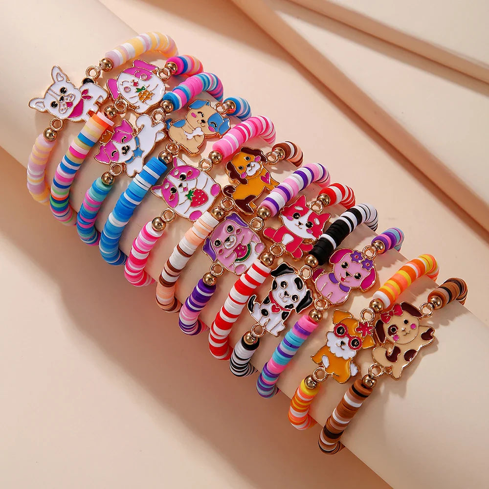 12Pcs Unicorn Cat Flower Charm Elastic Beaded Bracelets for Girls Birthday Party Jewelry Friendship Gift