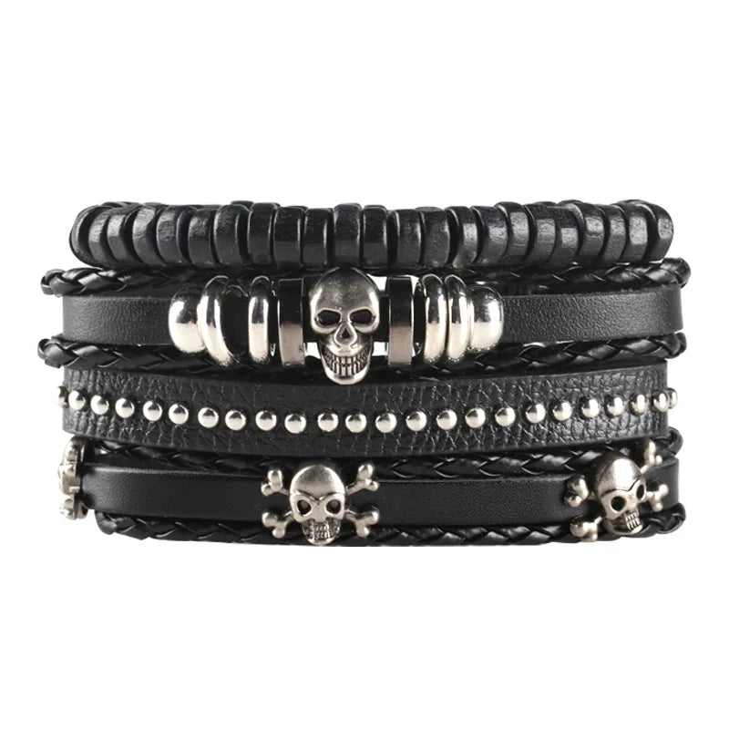 Punk Style Evil Eye Skull Bracelet Set with Adjustable PU Leather and Beads - 4/5/6 Pieces