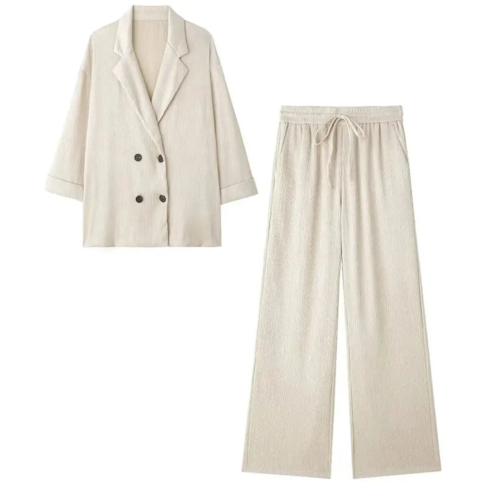 Trendy Women's Cozy Suit Set with Double Breasted Coat and Wide Leg Pants