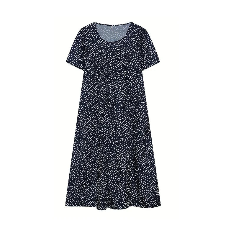 Printed Short Sleeve Dress With Round Neck For Women