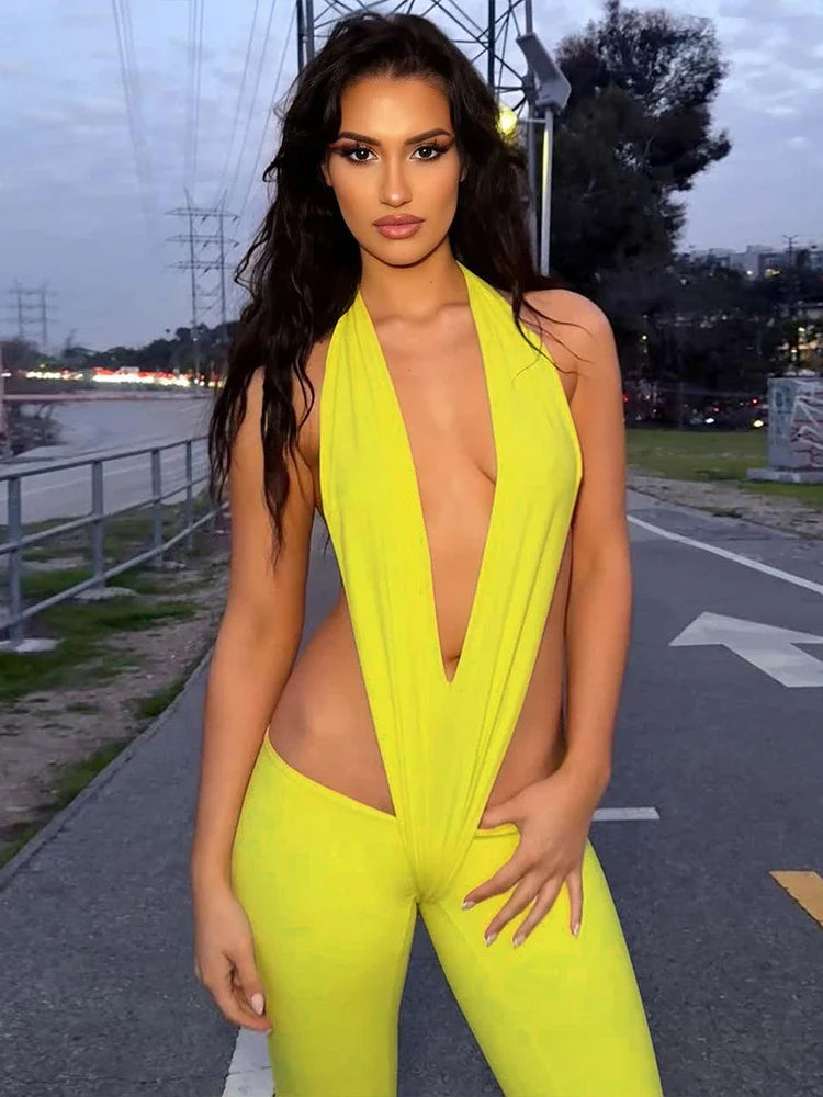 Backless Irregular Hollow Bandage Jumpsuit for Women Deep V-Neck Halter Skinny Stretch Sexy Hipster Streetwear