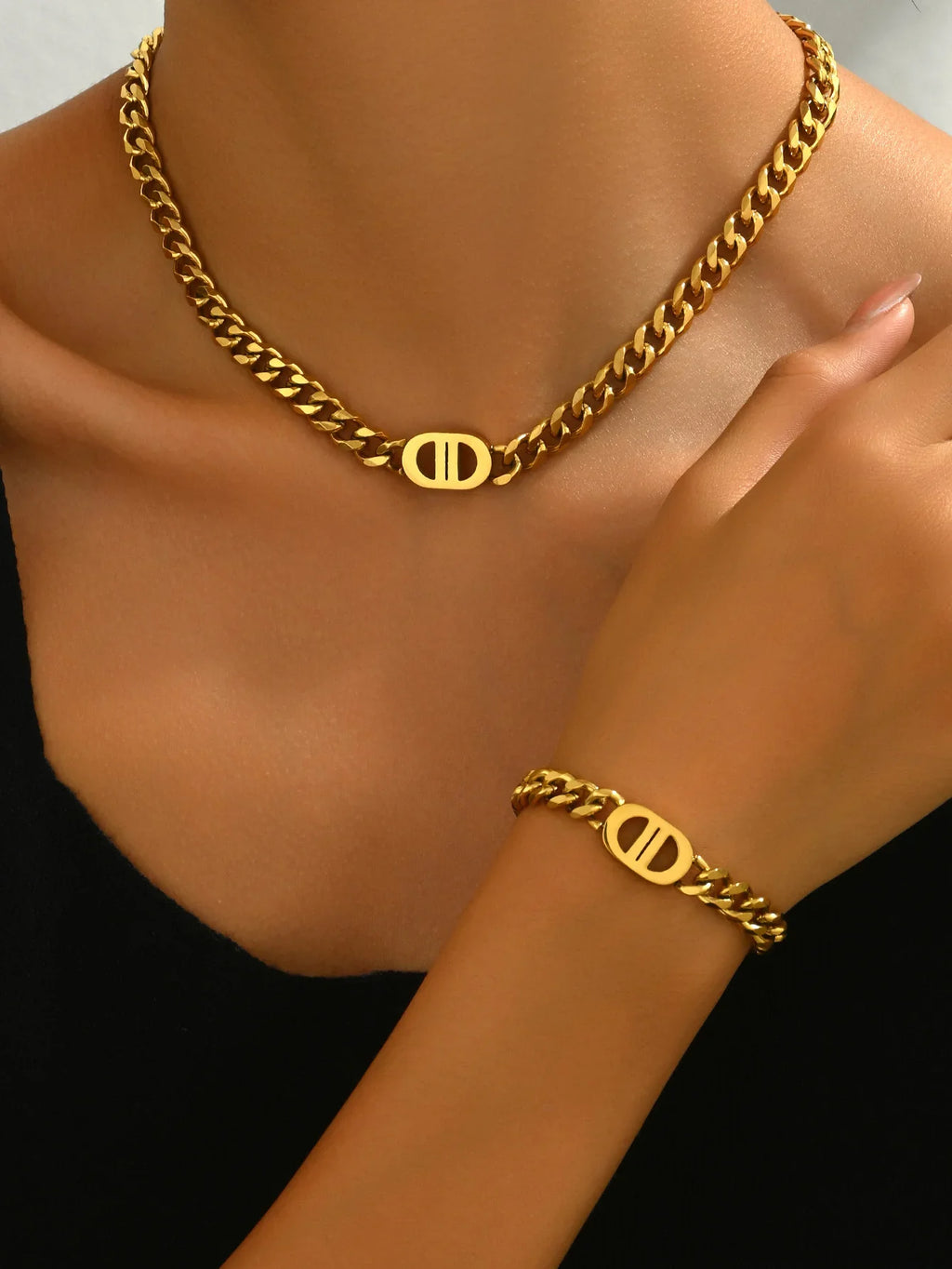 Gold Color Cuban Chain Necklace and Bracelet Set for Women with Geometric Charms