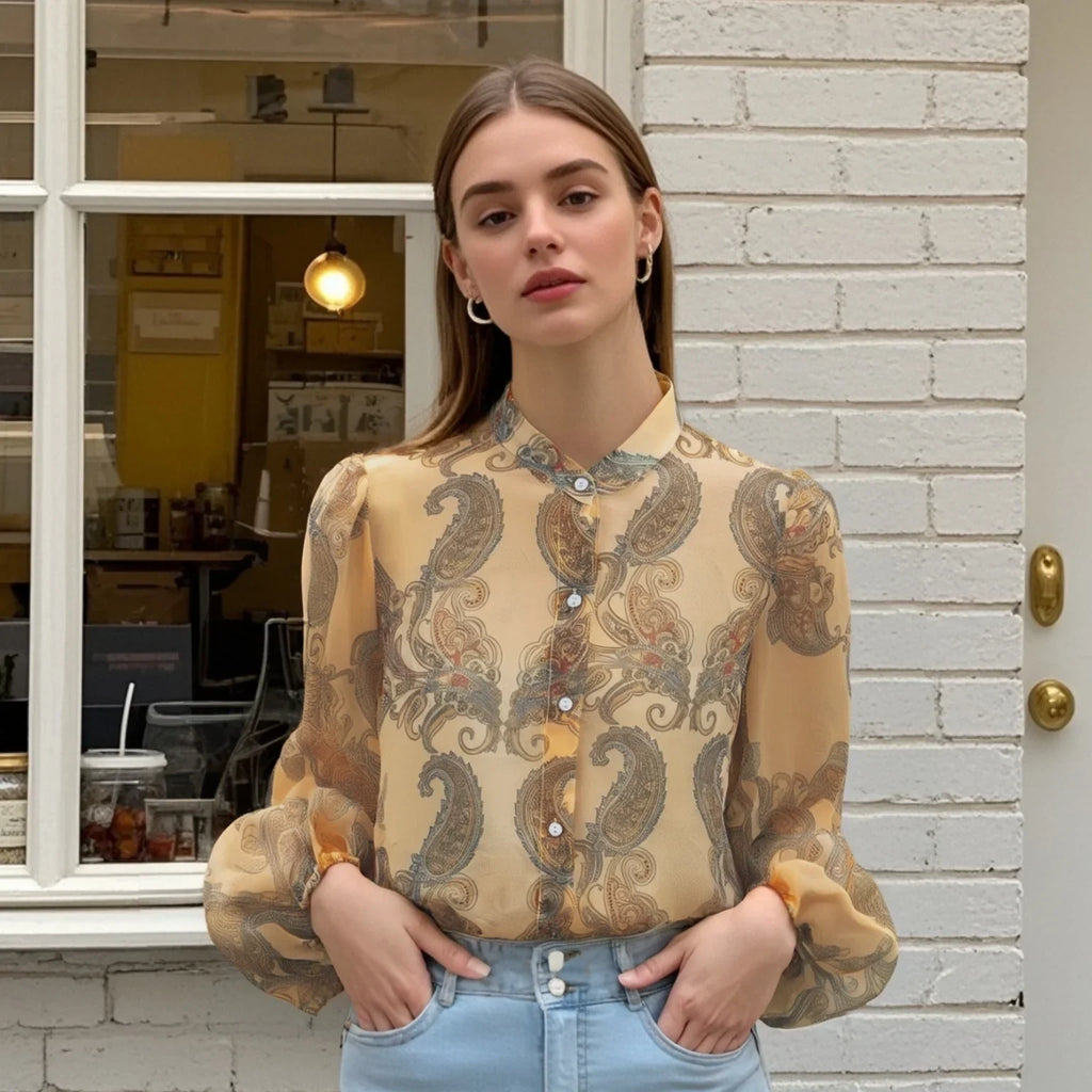 Womens Sheer Chiffon Blouse with High Neckline Puff Long Sleeves and Paisley Print Button Front Design