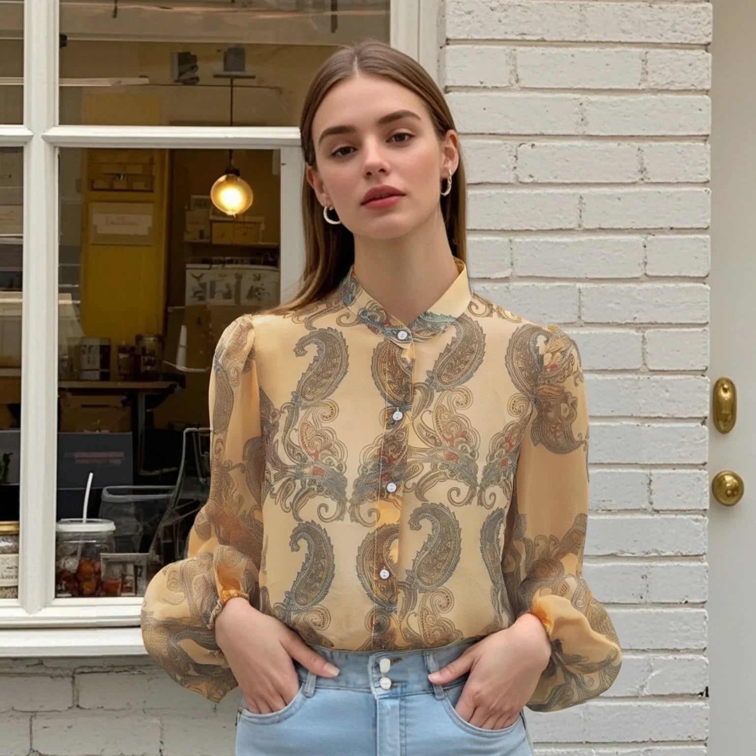 Womens Sheer Chiffon Blouse with High Neckline Puff Long Sleeves and Paisley Print Button Front Design