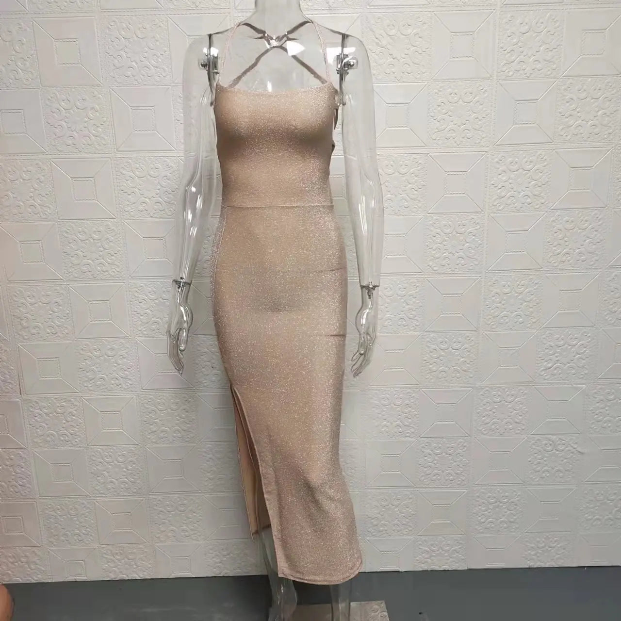 Backless Square Neck Wrap Dress With Slit In Solid Color