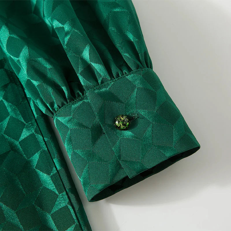 Elegant Green Pleated Long Sleeve Dress With Bow Collar