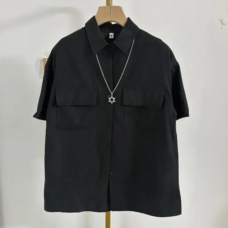 Women's Black Blouse with Necklace Decoration Summer Shirt Loose Fit Short Sleeve Pocket Design Preppy Collar Stylish Blusas
