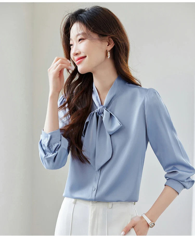 Elegant Women's Long Sleeve Blouse with Bow Collar Casual Loose Fit White Office Shirt Top