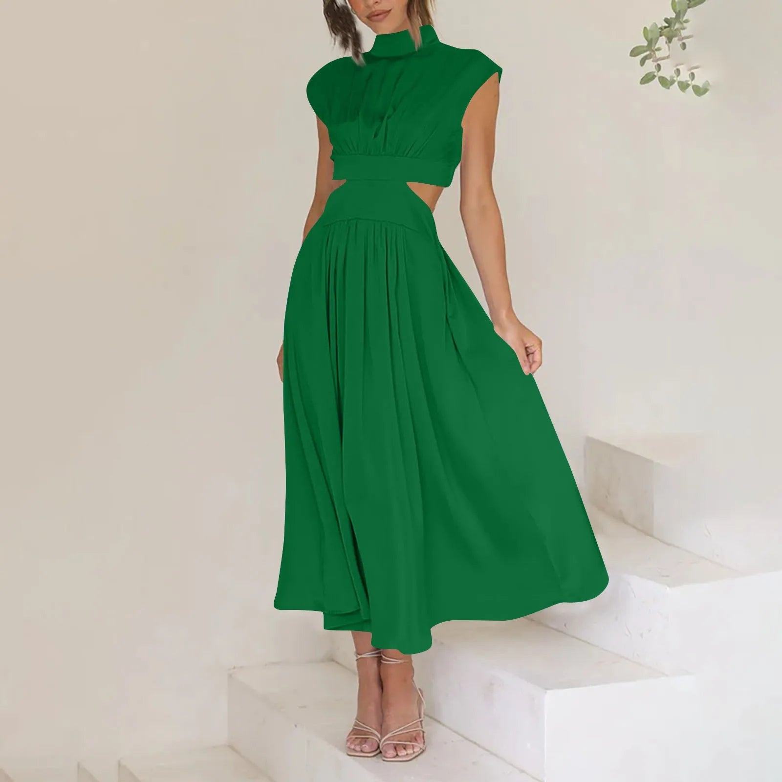 Solid Color High Waist Maxi Dress Sleeveless With Pockets