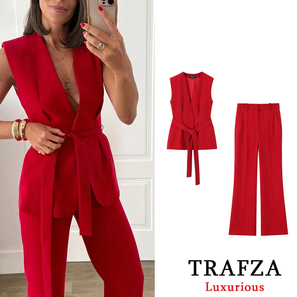 Red Vest Blazer Set For Office Lady With Wide Leg Pants