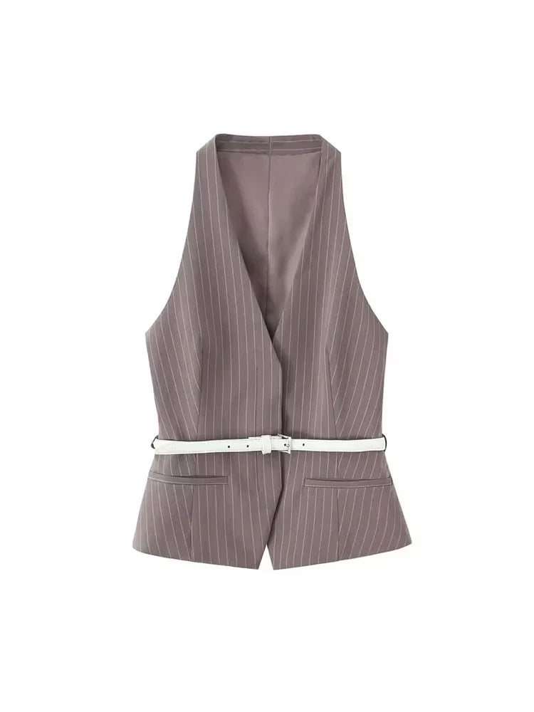 Women's Fashion Striped Two-Piece Set with Belted Waistcoat Top and Low Waist Pocketed Pants