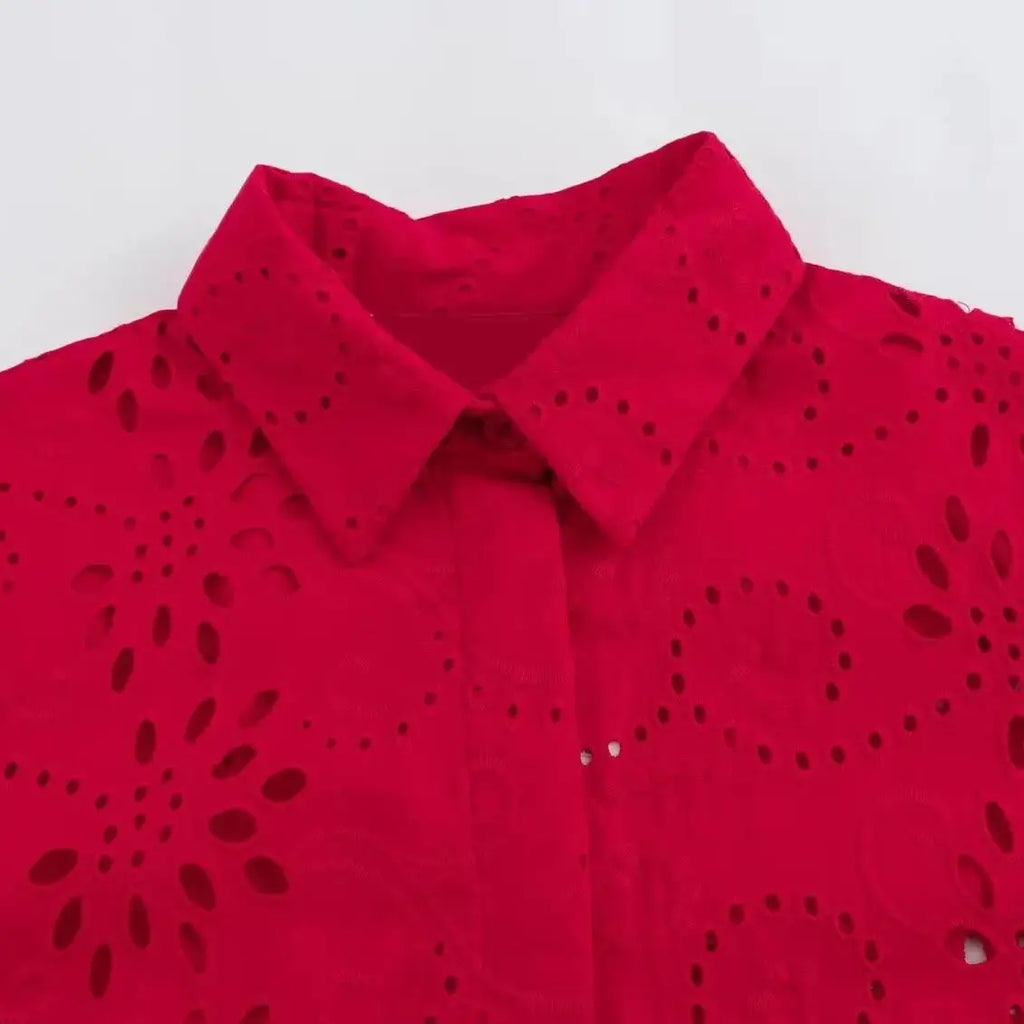 Women Casual Embroidered Hollow Single Breasted Lapel Shirt Top Long Sleeve Curved Hem Loose Fit Blouse