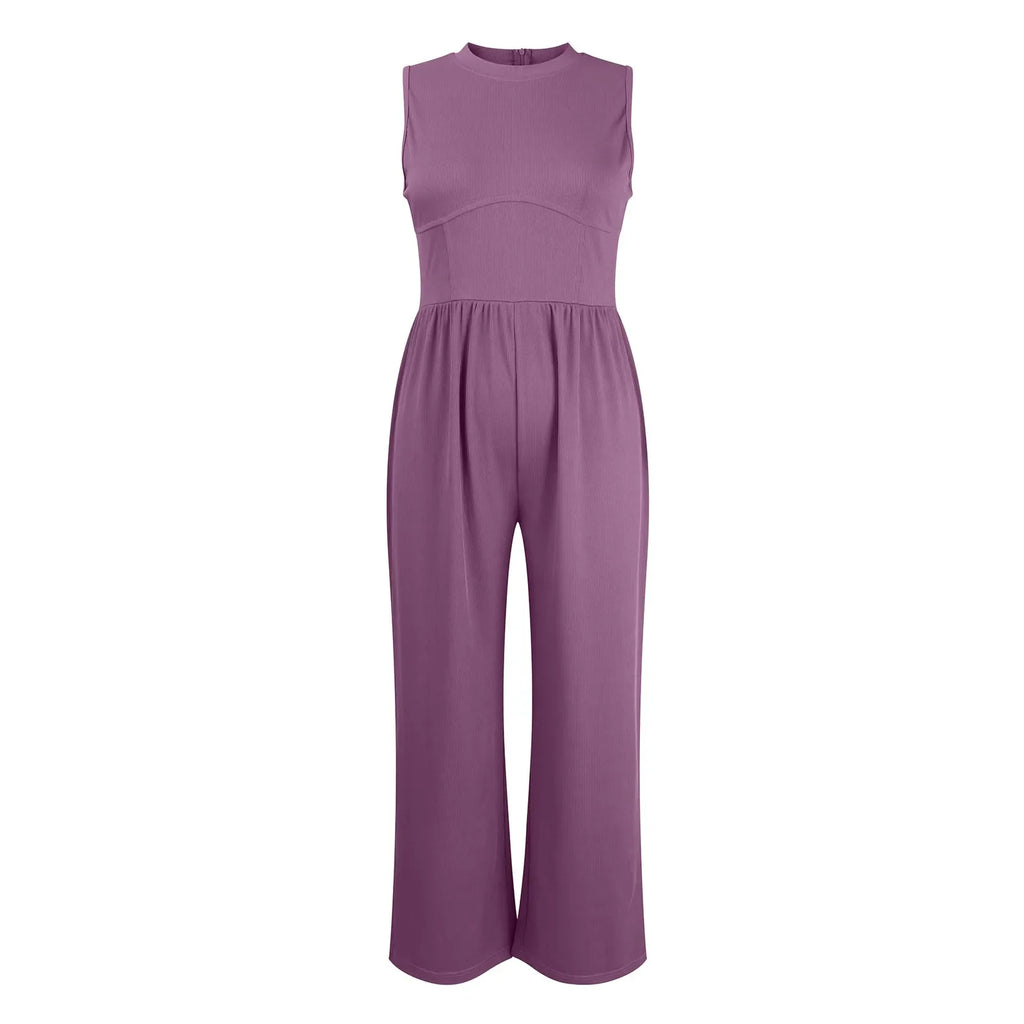 Women Sleeveless High Neck Ribbed Tank Top Jumpsuit Wide Leg Pants Romper with Tummy Control and High Waist Casual Summer Outfit