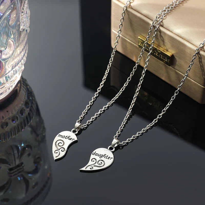 2pcs Antique Silver Plated Parent Child Necklace Set for Mother Daughter Love Jewelry