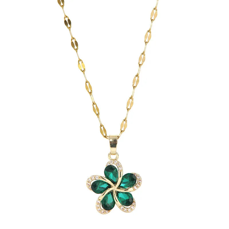 Stainless Steel Green Zircon Flower Pendant Necklace for Women Luxury Birthday Jewelry Gift