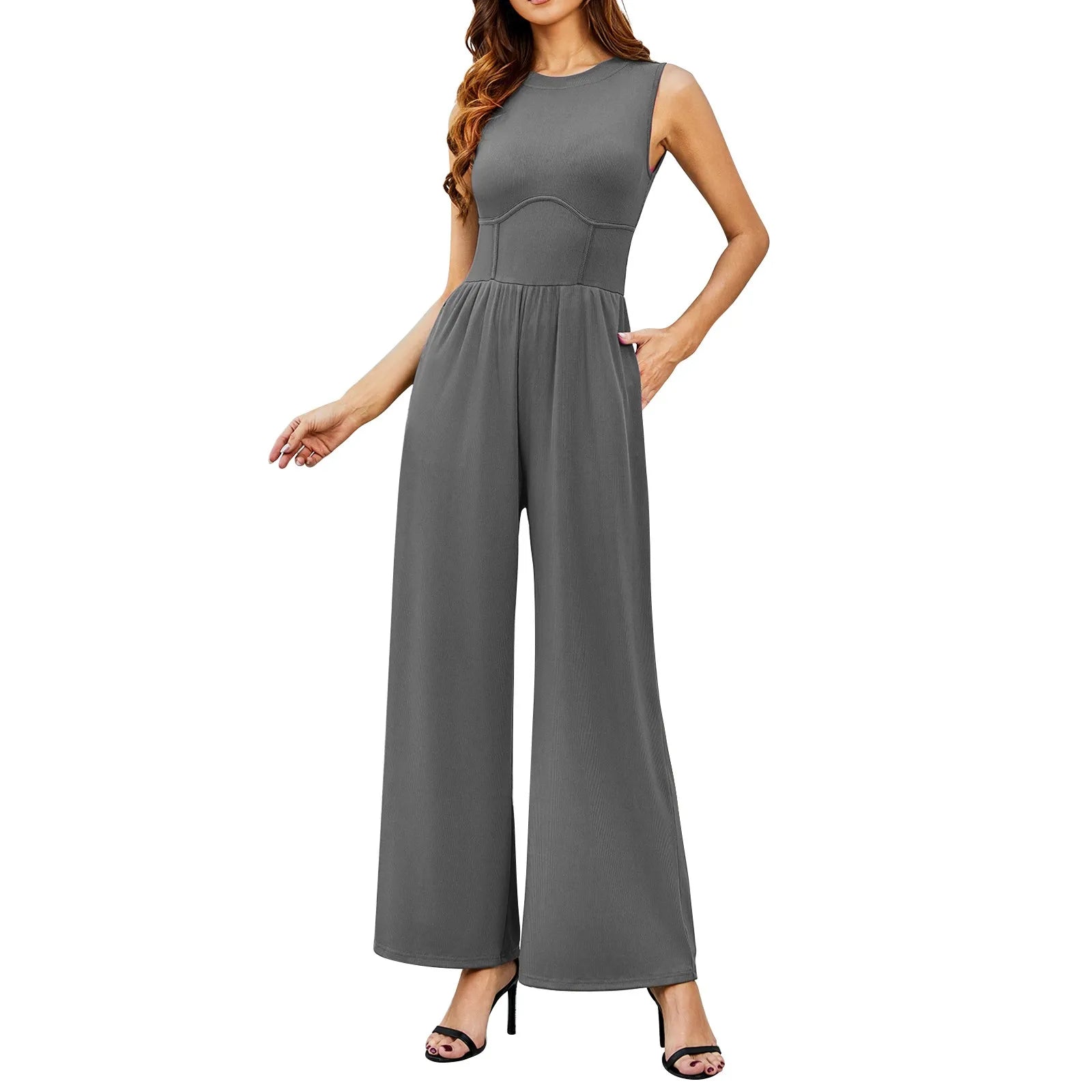 Women Sleeveless High Neck Ribbed Tank Top Jumpsuit Wide Leg Pants Romper with Tummy Control and High Waist Casual Summer Outfit