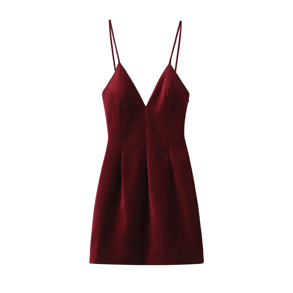 Velvet Fitted Mini Dress For Women V Neck Thin Straps Party