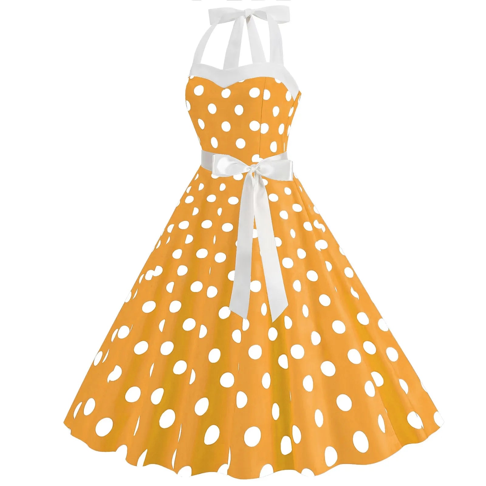 Ladies Vintage Polka Dot Backless Lace Up Swing Dress