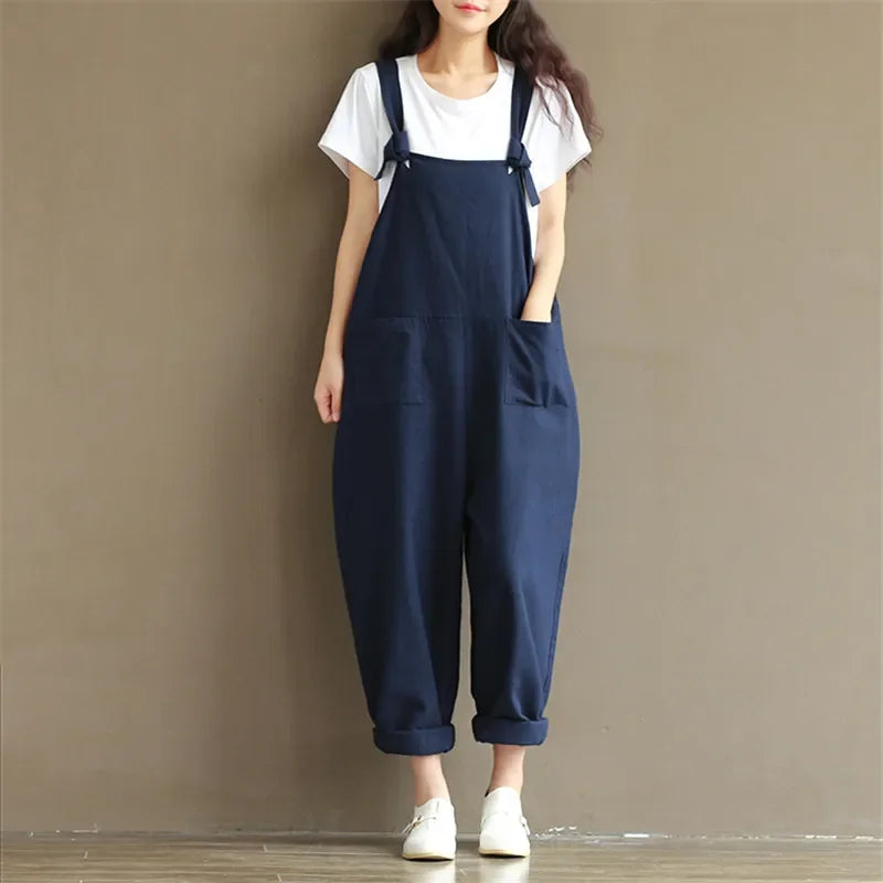 Casual Loose Fit Solid Strap Jumpsuit with Pockets Women's Plus Size Harem Dungaree Overalls 5XL