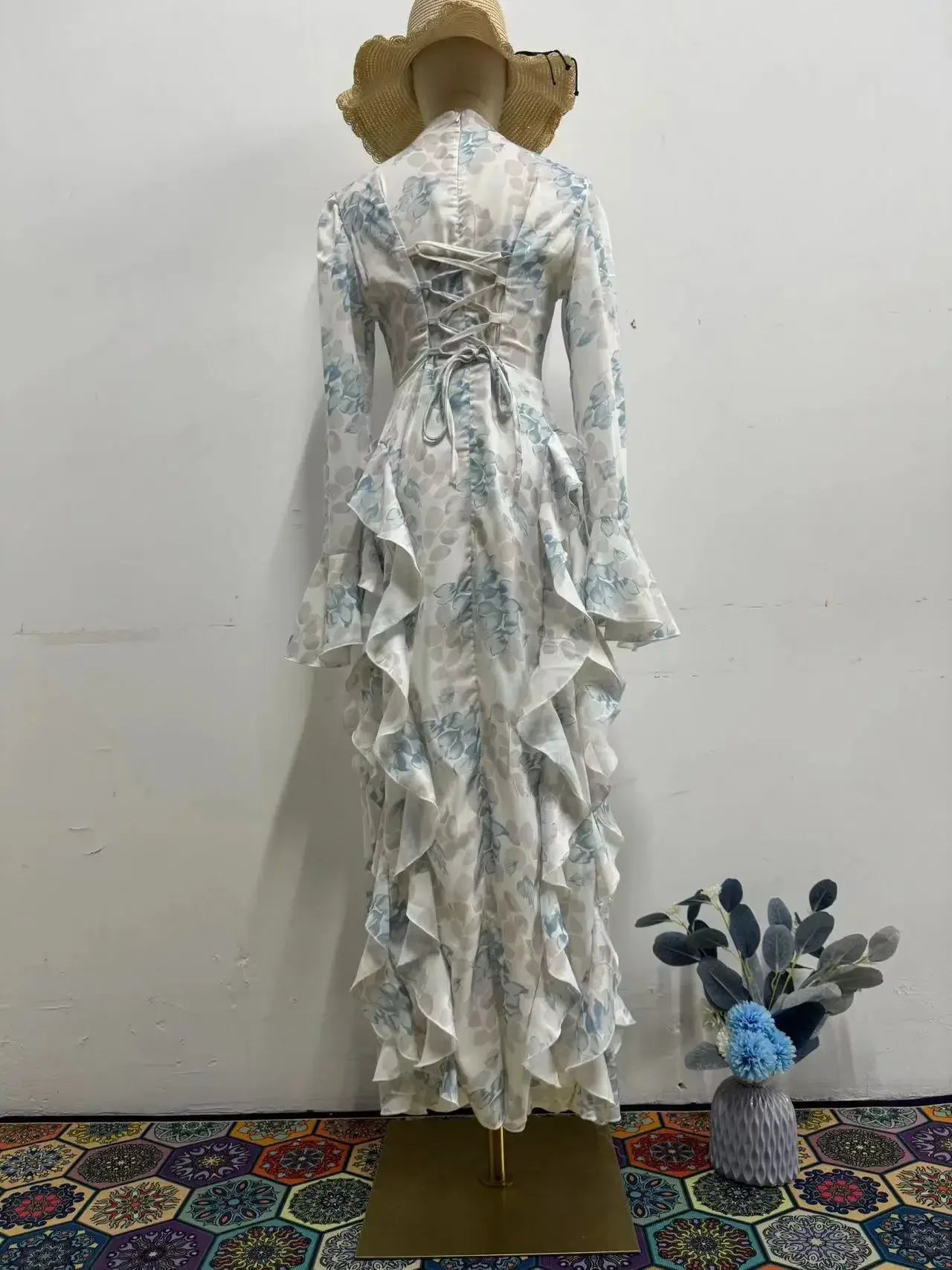 Satin Lace Up Printed Dress Long Sleeve Bodycon Evening Gown