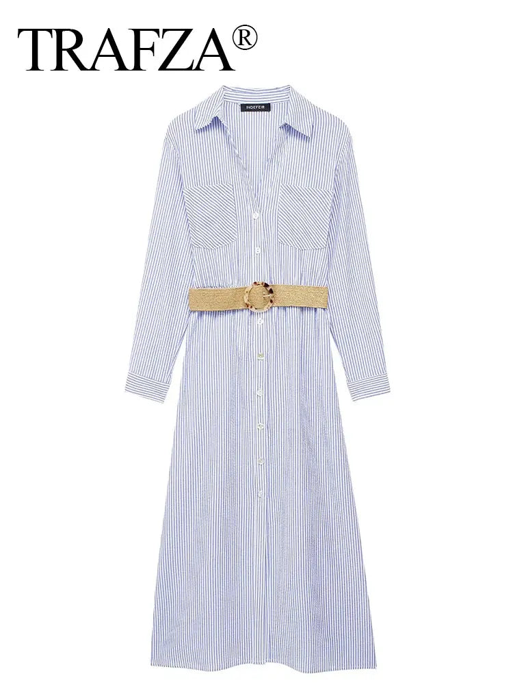 Blue Striped Shirt Dress With Belt Long Sleeve Midi