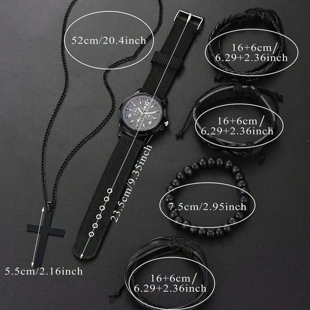 Fashionable PU Leather Beaded Bracelet Set With Quartz Watch And Cross Pendant Necklace For Men