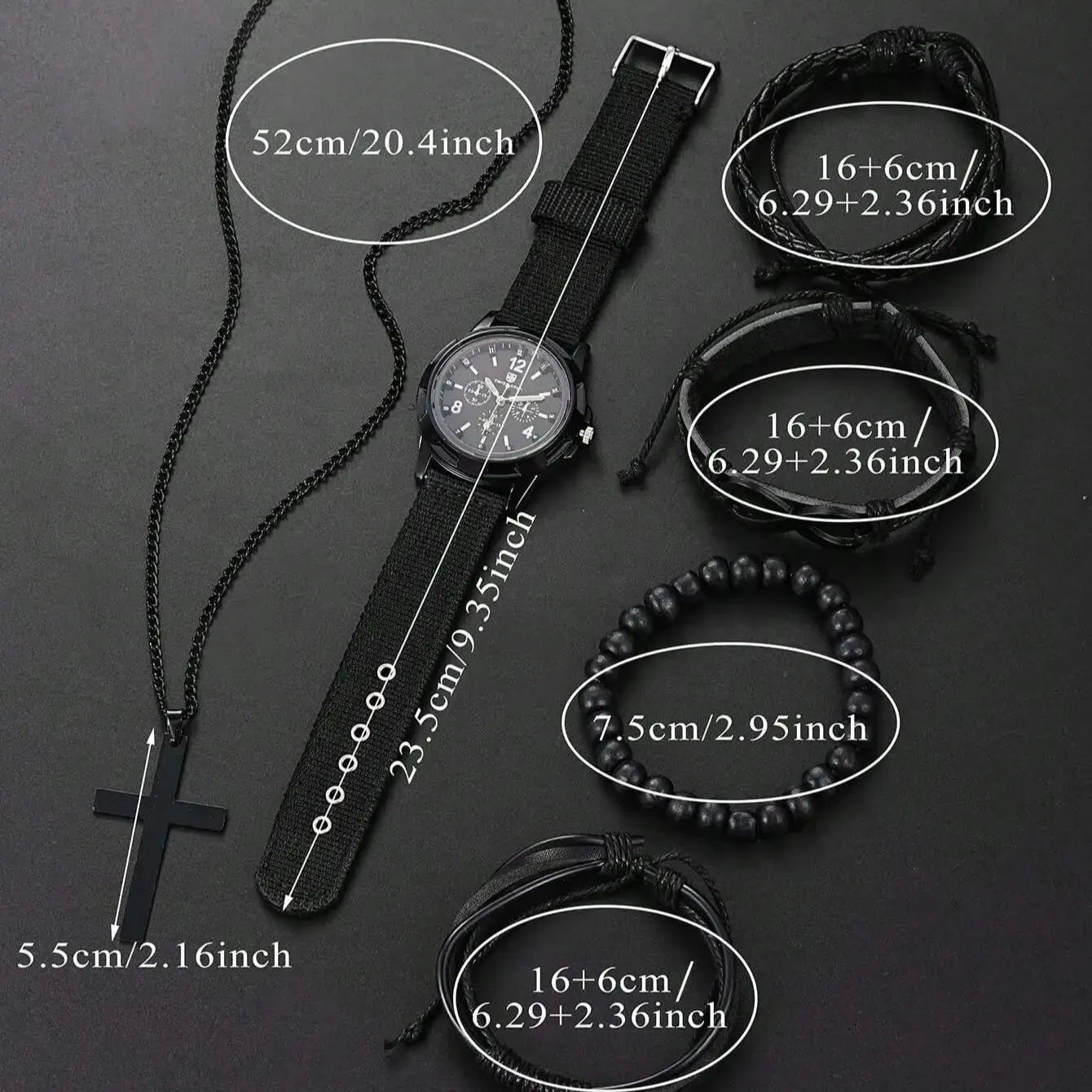 Fashionable PU Leather Beaded Bracelet Set With Quartz Watch And Cross Pendant Necklace For Men