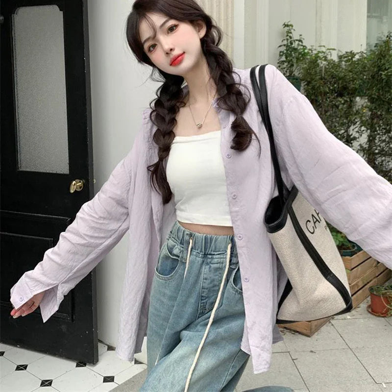 Purple Sunscreen Long Sleeve Shirt for Women Lightweight Single Breasted Loose Casual Blouse with Turn Down Collar