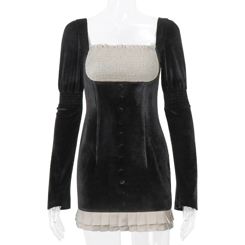 French Retro Patchwork Square Neck Dress For Evening Party