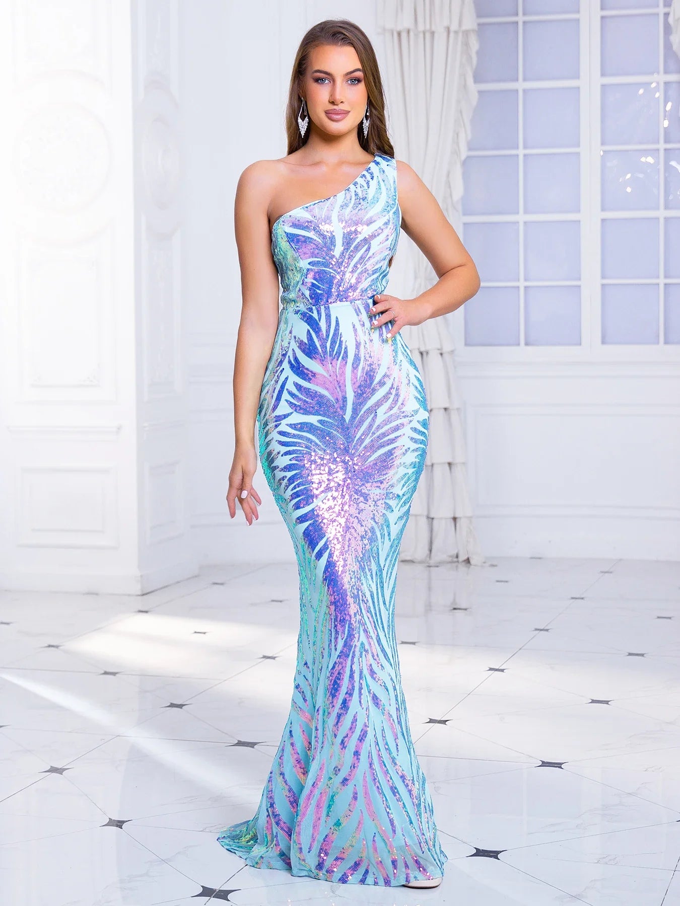 One Shoulder Sequined Maxi Dress For Party Evening Gown