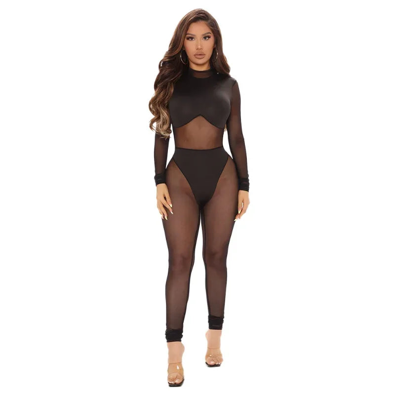 Black Transparent Mesh Jumpsuit See Through Bodysuit
