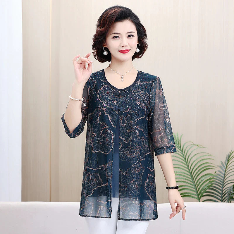 Women's Summer Shirt Casual Loose Fit Fake Two-Piece Printed Top for Middle-Aged and Elderly