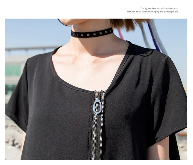 Black Zipper Dress For Women Elegant Casual Long Dress