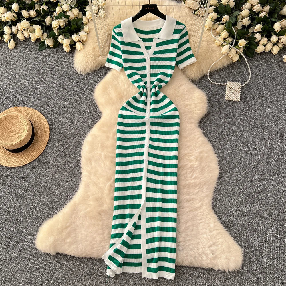 Women Striped Knitted Bodycon Maxi Dress for Summer