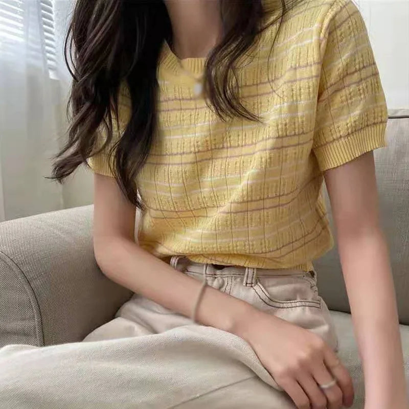 Summer Striped Women's Knitted Crop Top Casual O-Neck Short Sleeve T-Shirt Preppy Style Tees