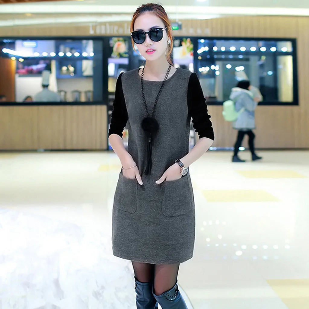 Women Velvet Padded Sweatshirt Dress With Pocket Detail