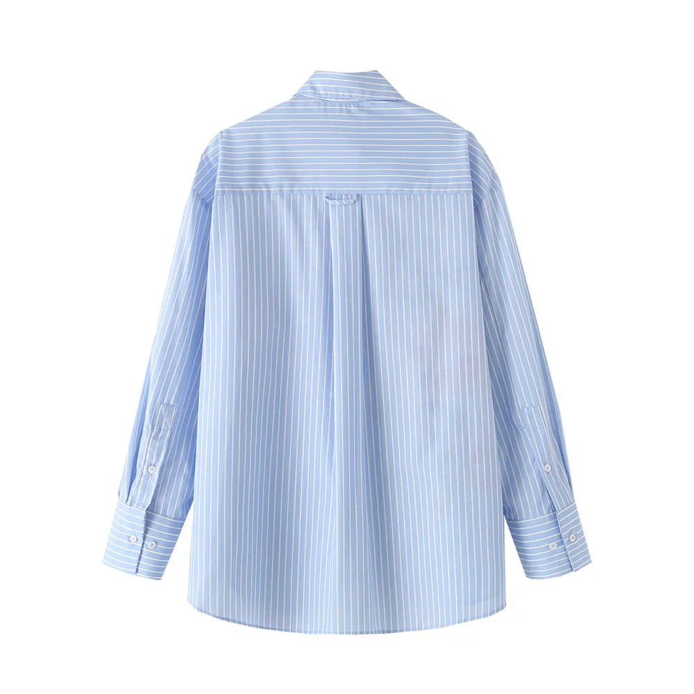 Women's Floral Print Striped Lapel Single-Breasted Long Sleeve Shirt for Early Autumn Fashion