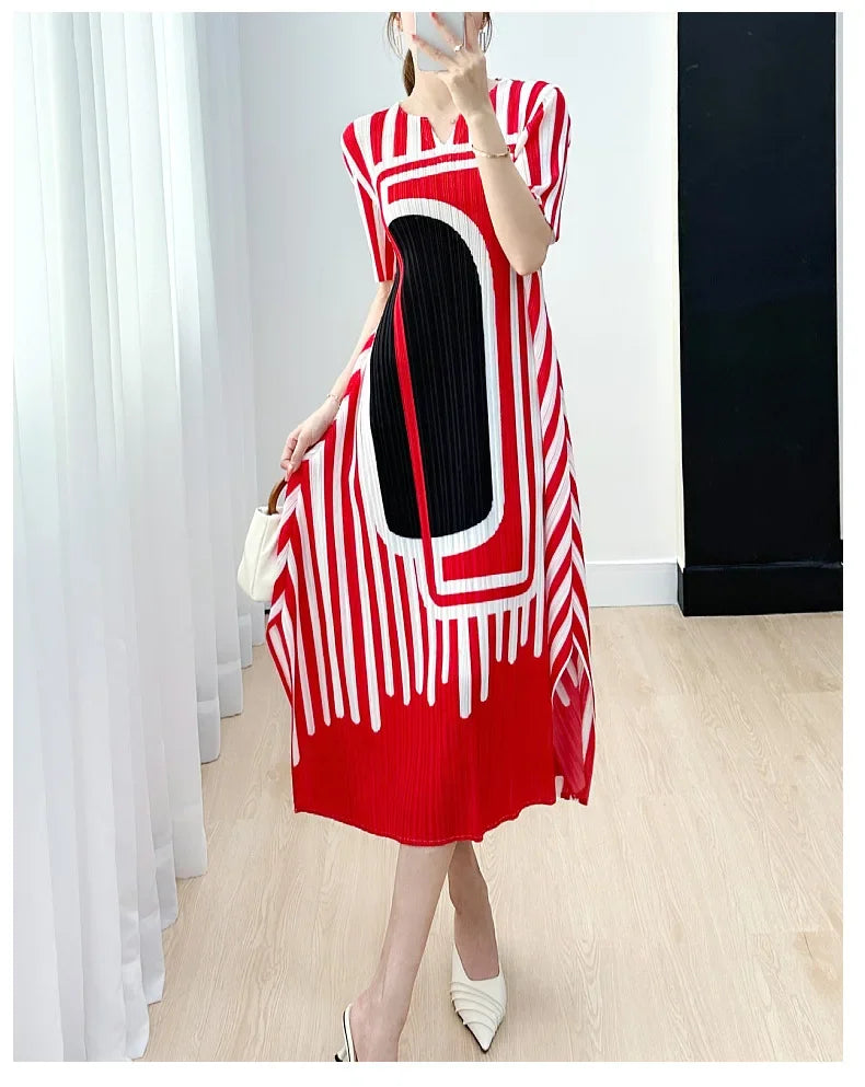 Pleated Striped Dress For Women O Neck Short Sleeve