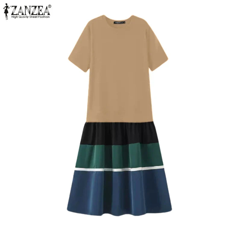 Summer O Neck Sundress With Contrast Patchwork Short Sleeve