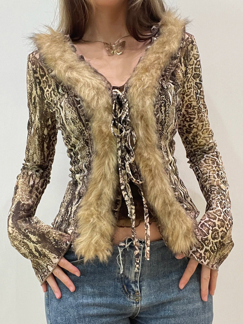 Casual Leopard Fur Trim Sheer Mesh V-Neck Long Sleeve Slim Bandage Blouse for Women