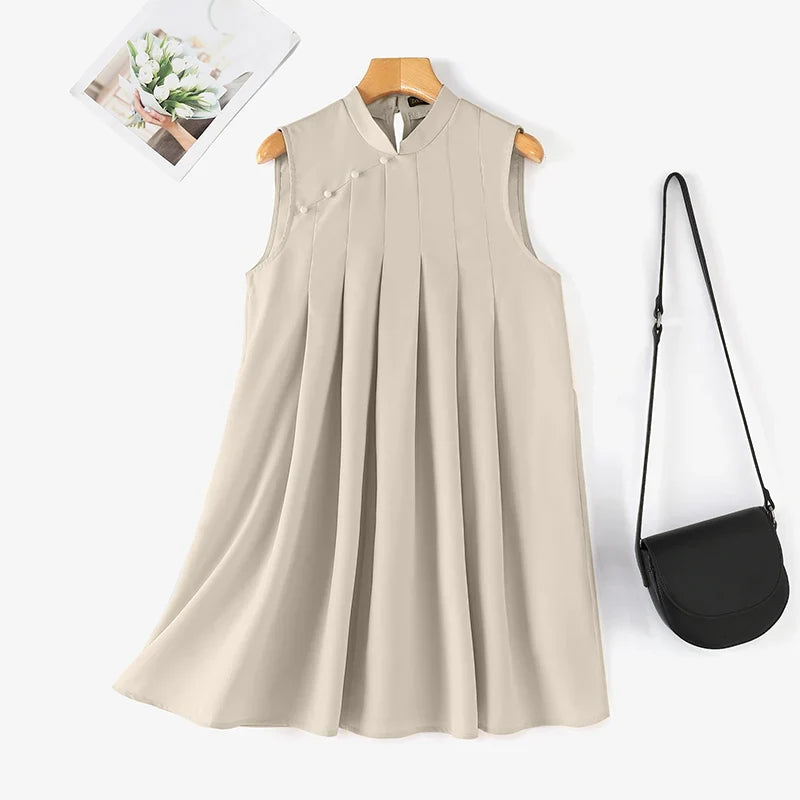 Mandarin Collar Pleated Sundress Women Sleeveless A Line