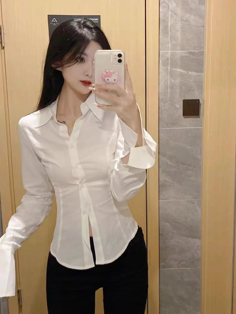Chic White Women's Shirt with Flattering Flared Sleeves Waist-Cinching Tie Elegant French-Inspired Design Sexy and Stylish Blouse for Ladies