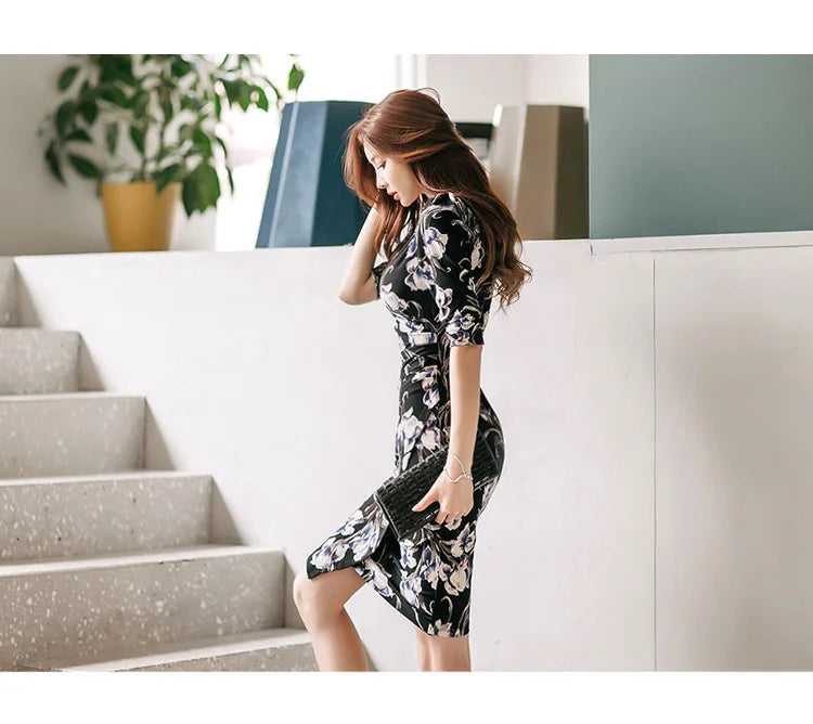 V-Neck Pencil Dress for Women Vintage Print Office Wear