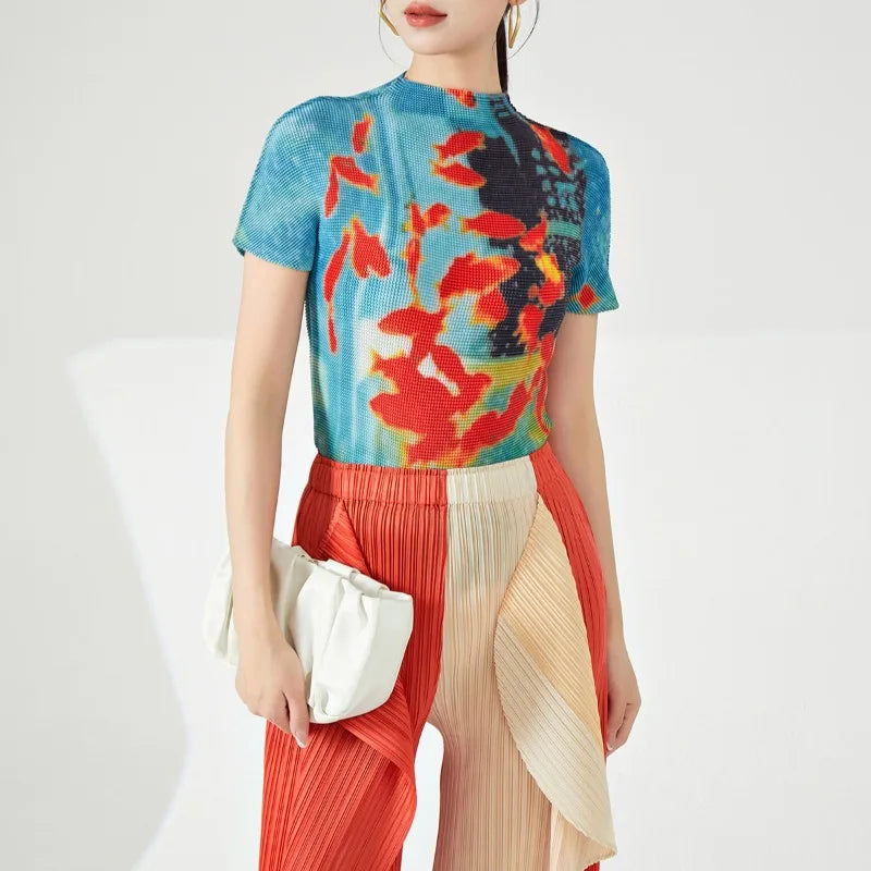 Vintage Fish Print Turtleneck Y2K Women Tees Summer Slim Fit Tops