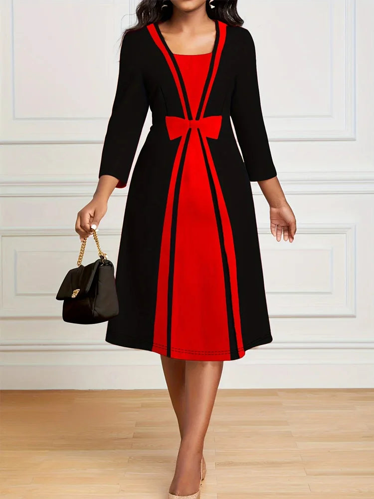 Elegant Square Neck Dress With Patchwork And Bow Details