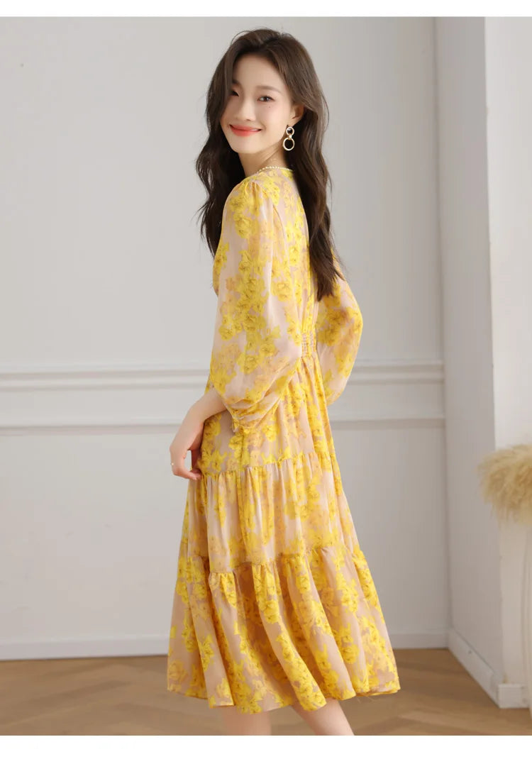 Floral Chiffon Dress For Women V Neck A Line Dress