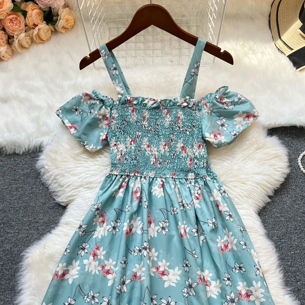 Floral Print Off Shoulder Summer Beach Dress For Women